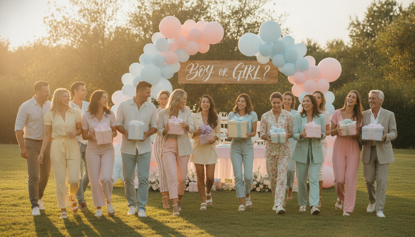 Elegant guests arriving at a gender reveal party celebration wearing coordinated outfits