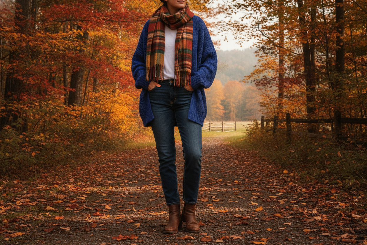 royal blue cardigan styled for fall casual