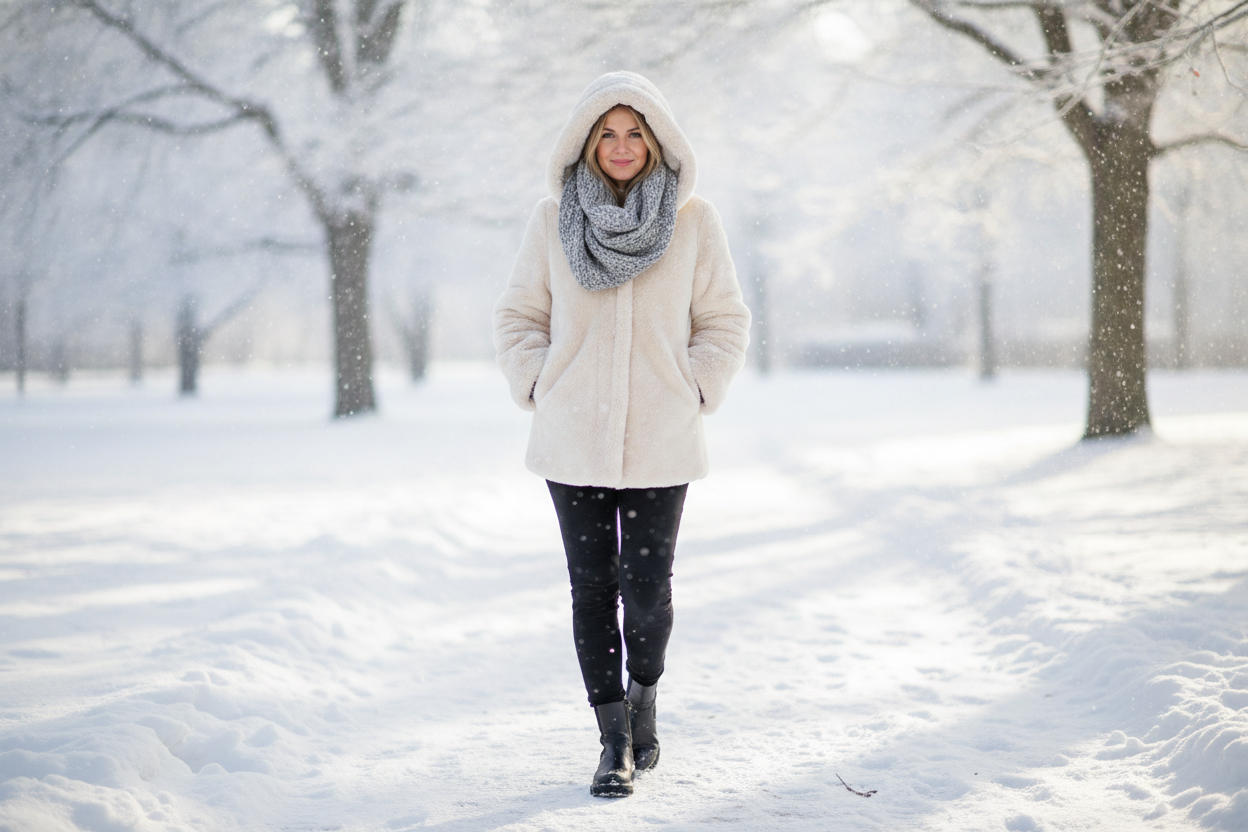 Cream faux fur hooded coat with black leggings for cozy winter wonderland outfit