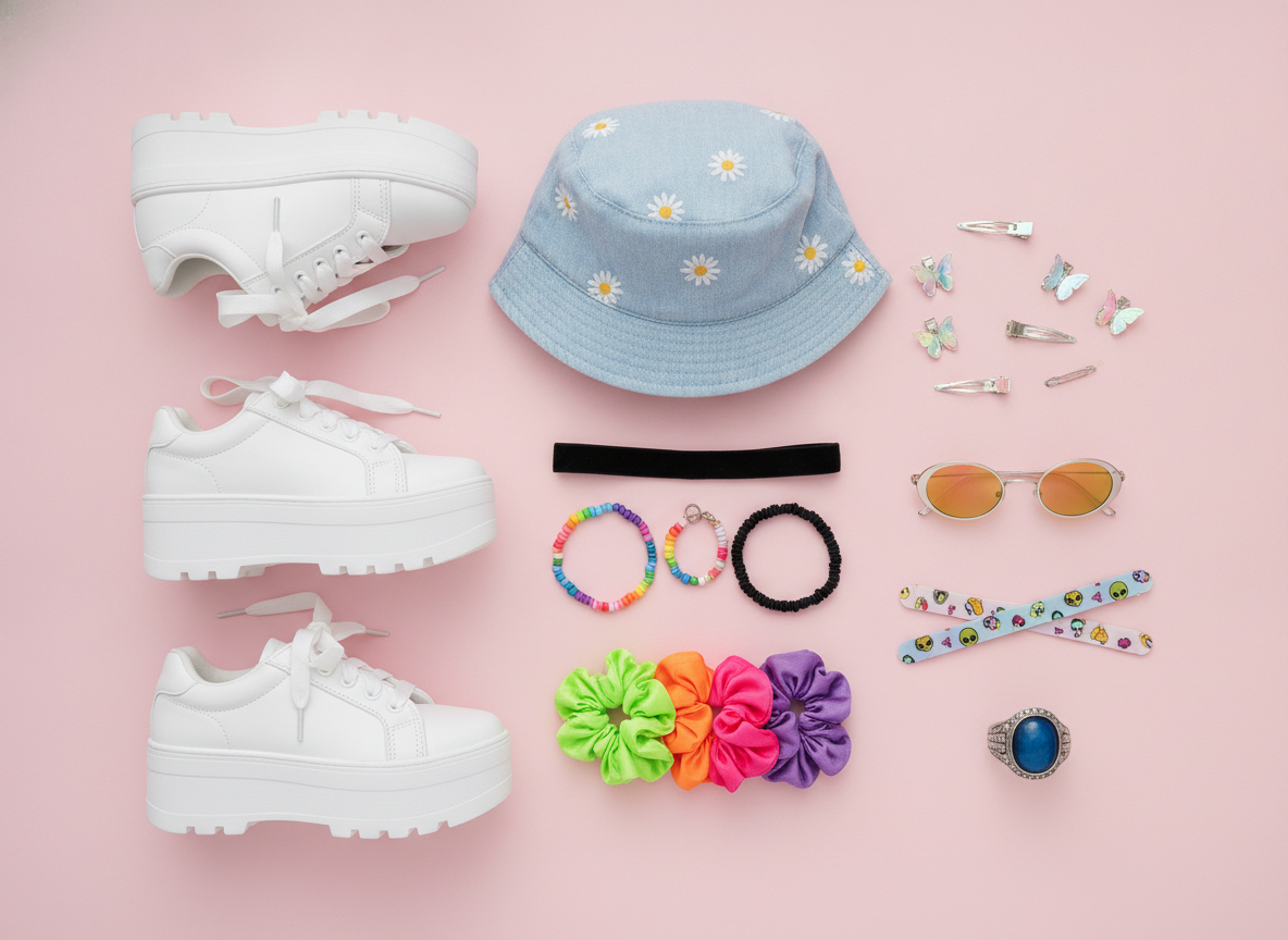 Collection of 90s accessories including bucket hat chokers scrunchies