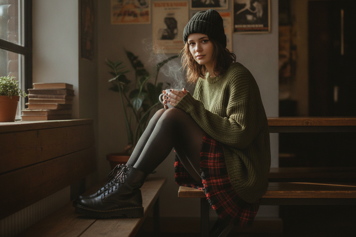 Plaid skirt grunge 90s outfit with chunky sweater