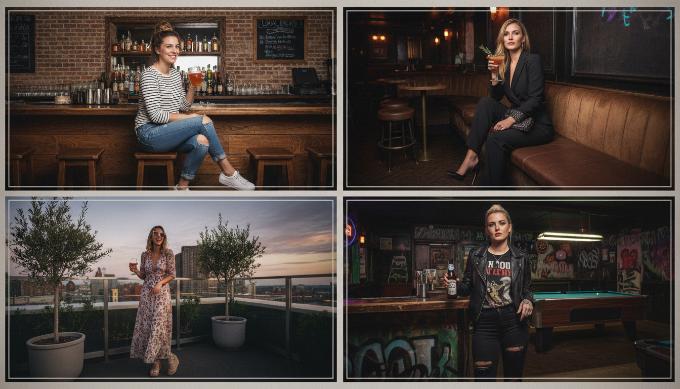 various bar settings and appropriate outfits