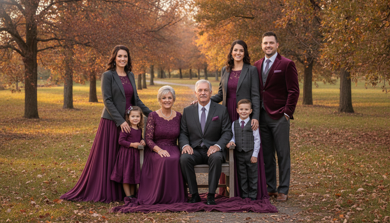 Extended family in plum and gray elegant fall outfits