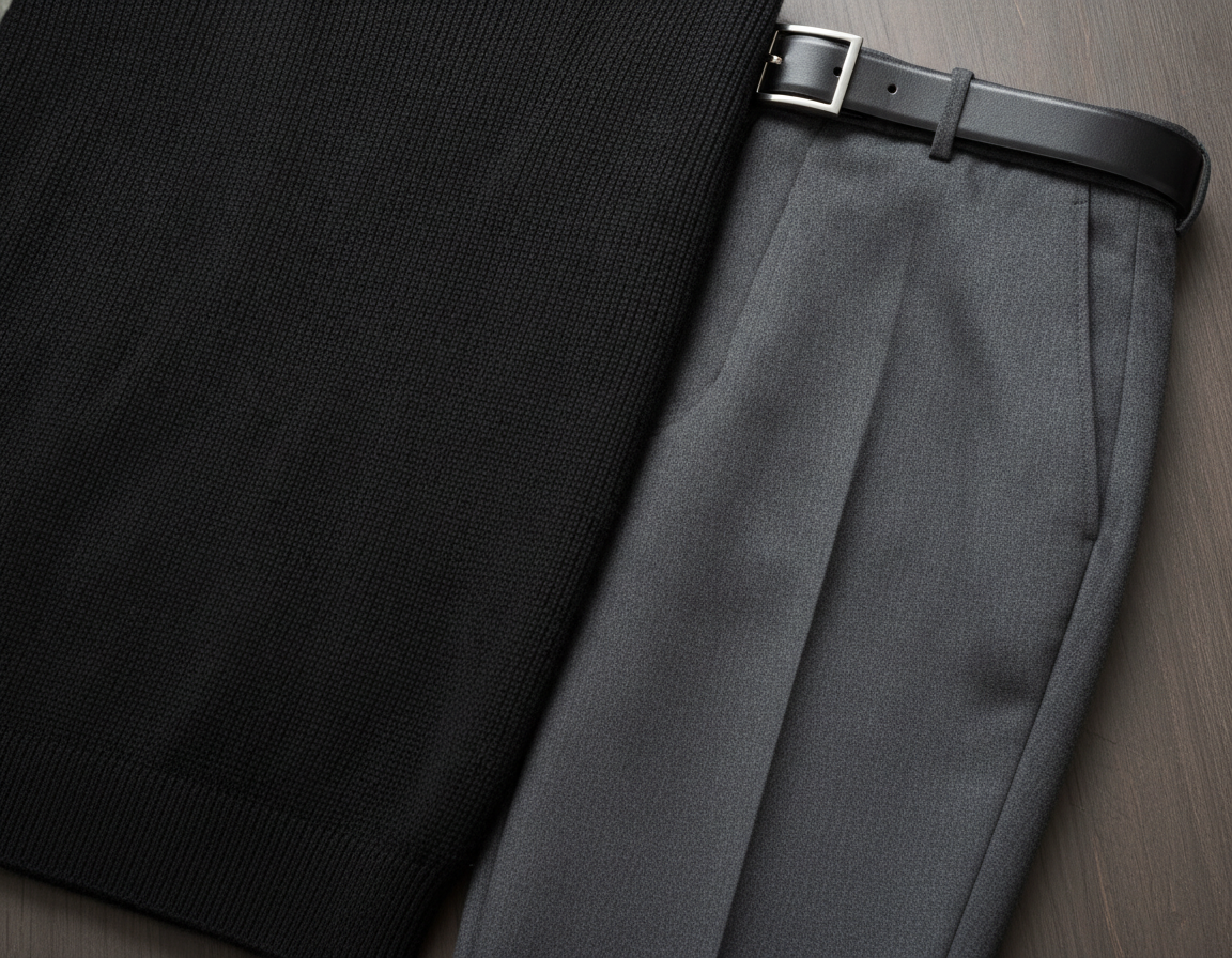 Black sweater and trousers showing refined funeral outfit details