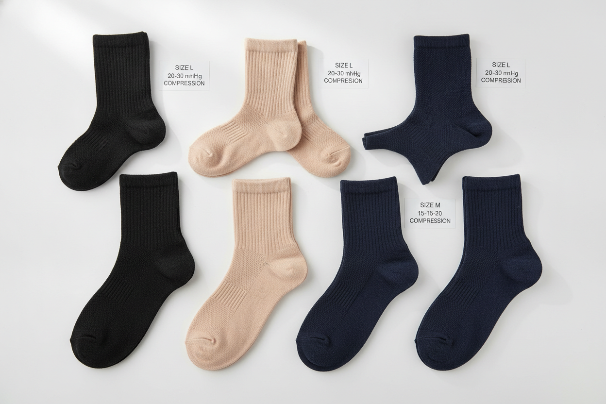 various compression socks in different colors and styles