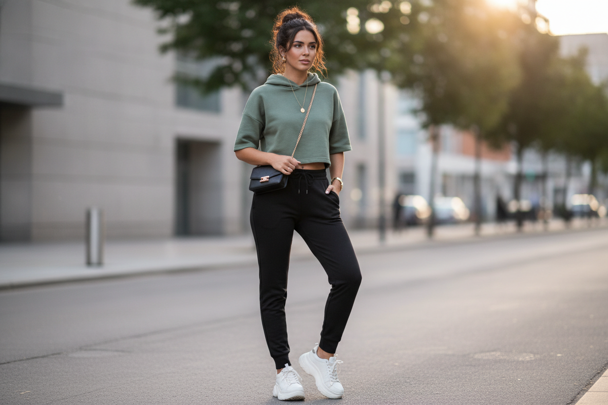 Track pants with crop hoodie and sneakers