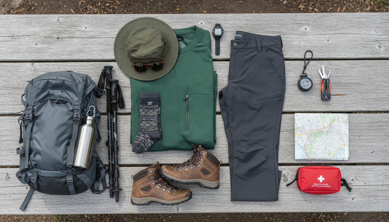 hiking accessories laid out with outfit