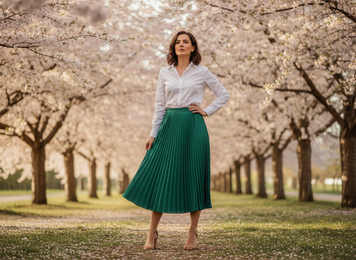woman wearing green pleated midi skirt with white dress shirt