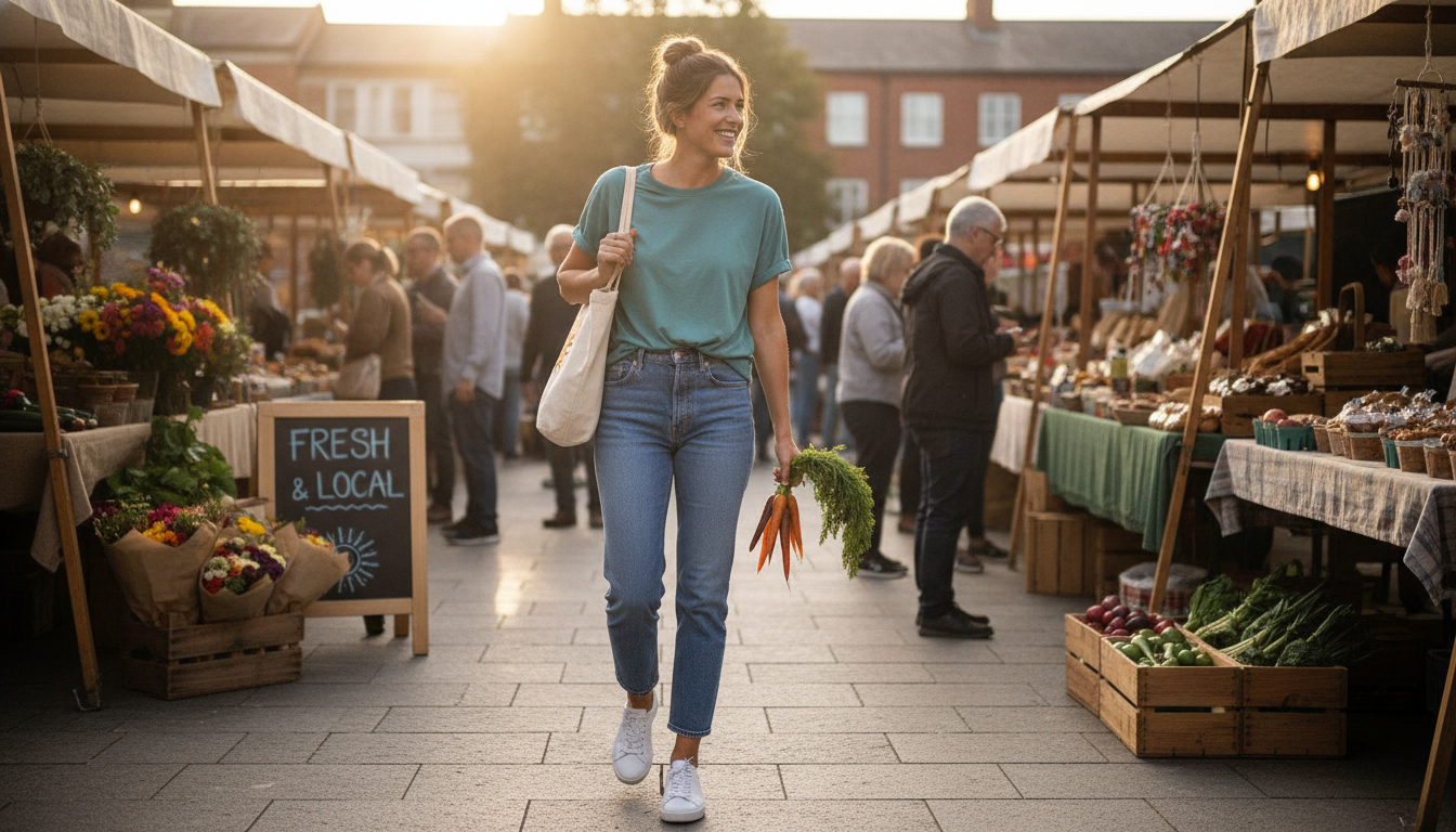casual teal weekend outfit with jeans and sneakers
