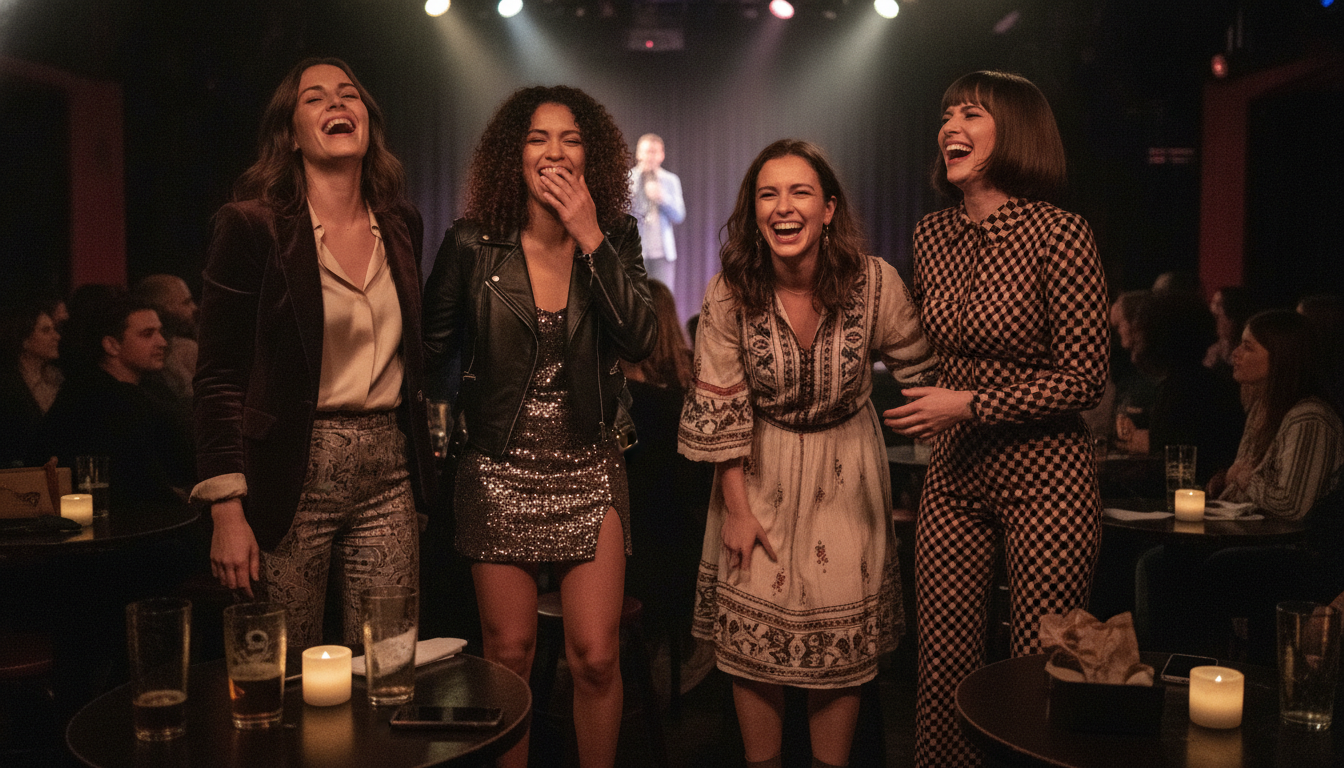 Group of women laughing at comedy club