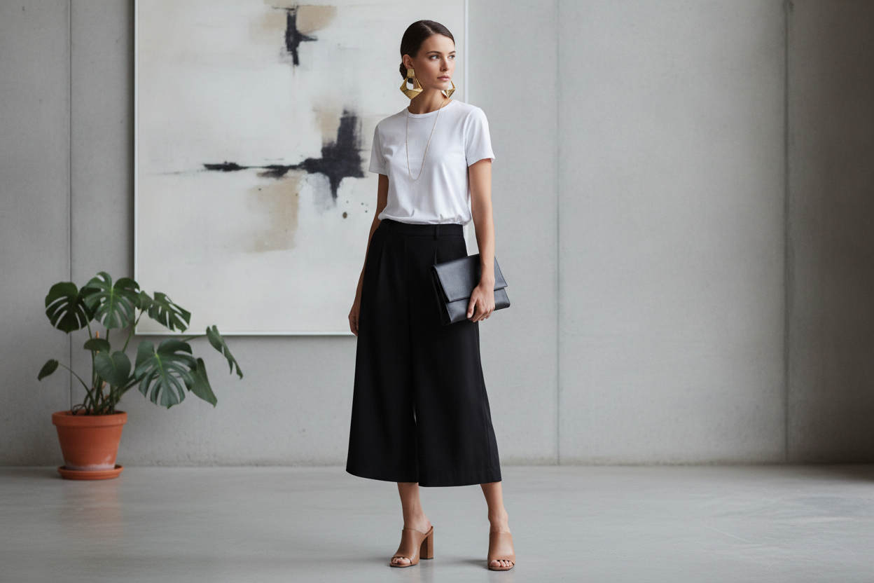 Culottes with fitted tee and mules outfit