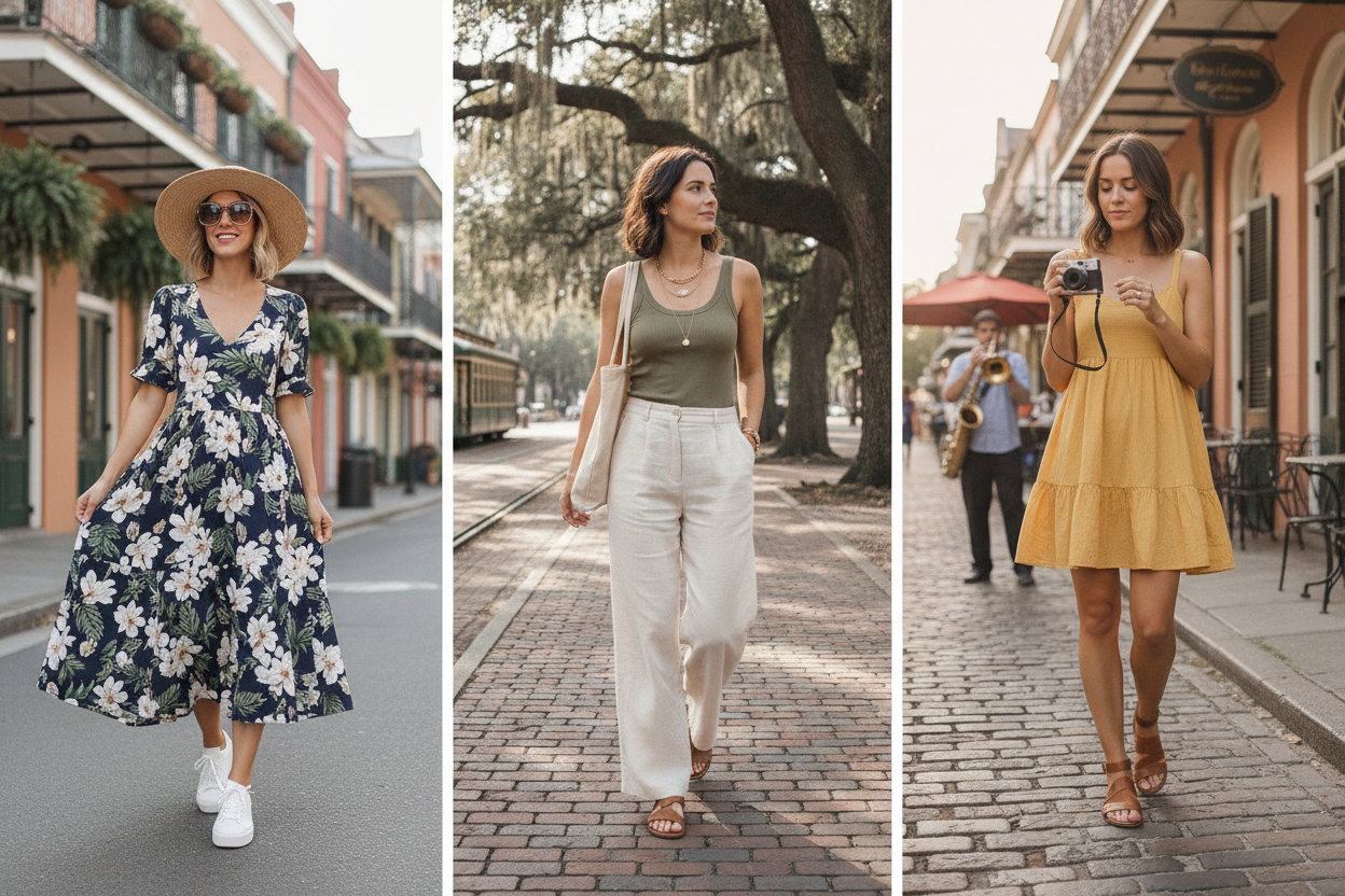 Spring outfit ideas for New Orleans featuring light dresses and comfortable walking shoes