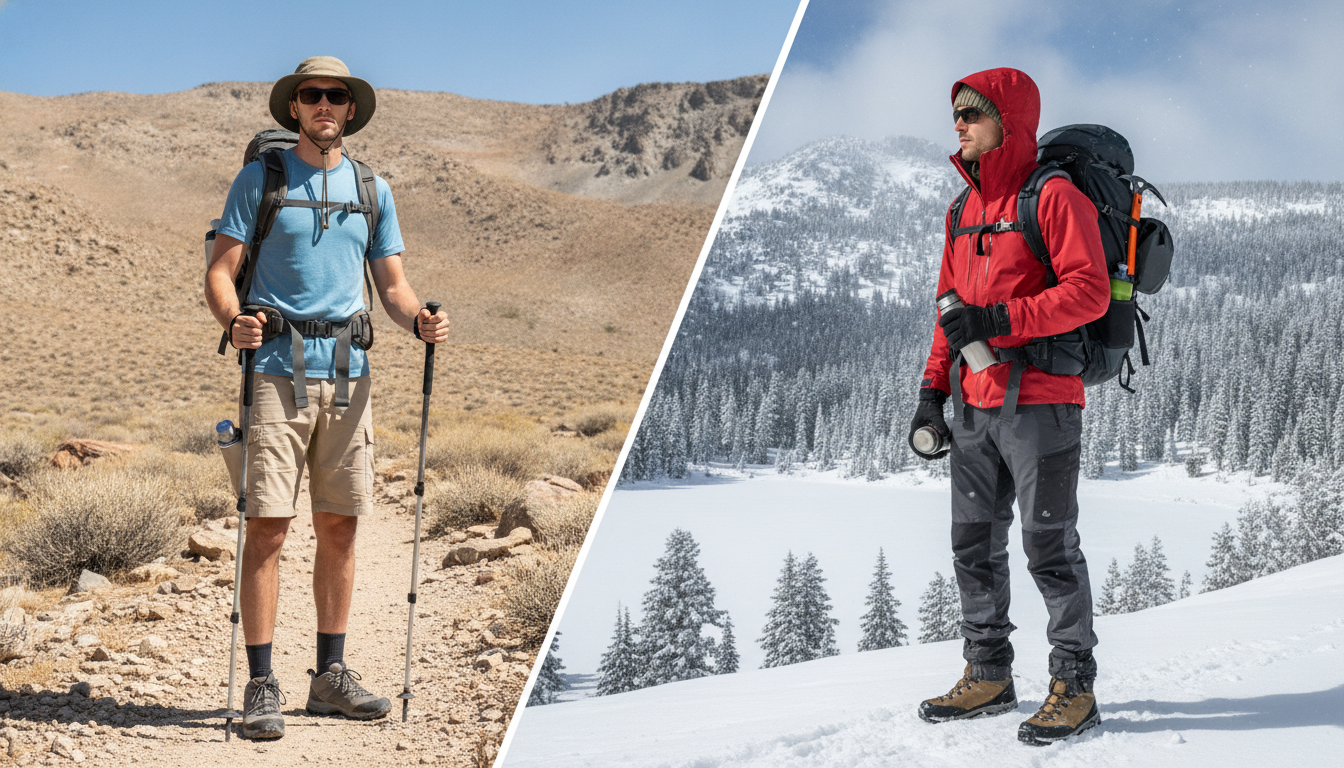 same hiking outfit styled for different seasons