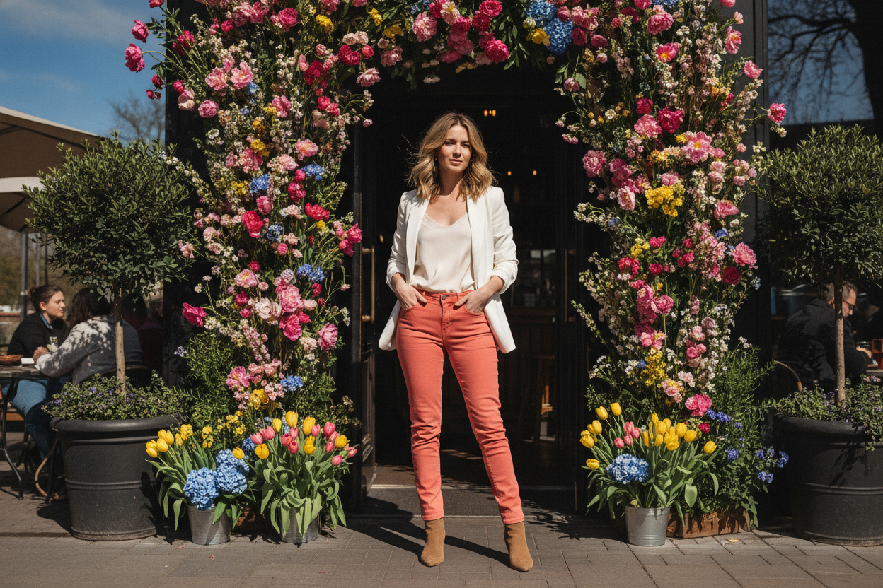 colored denim spring bar outfit
