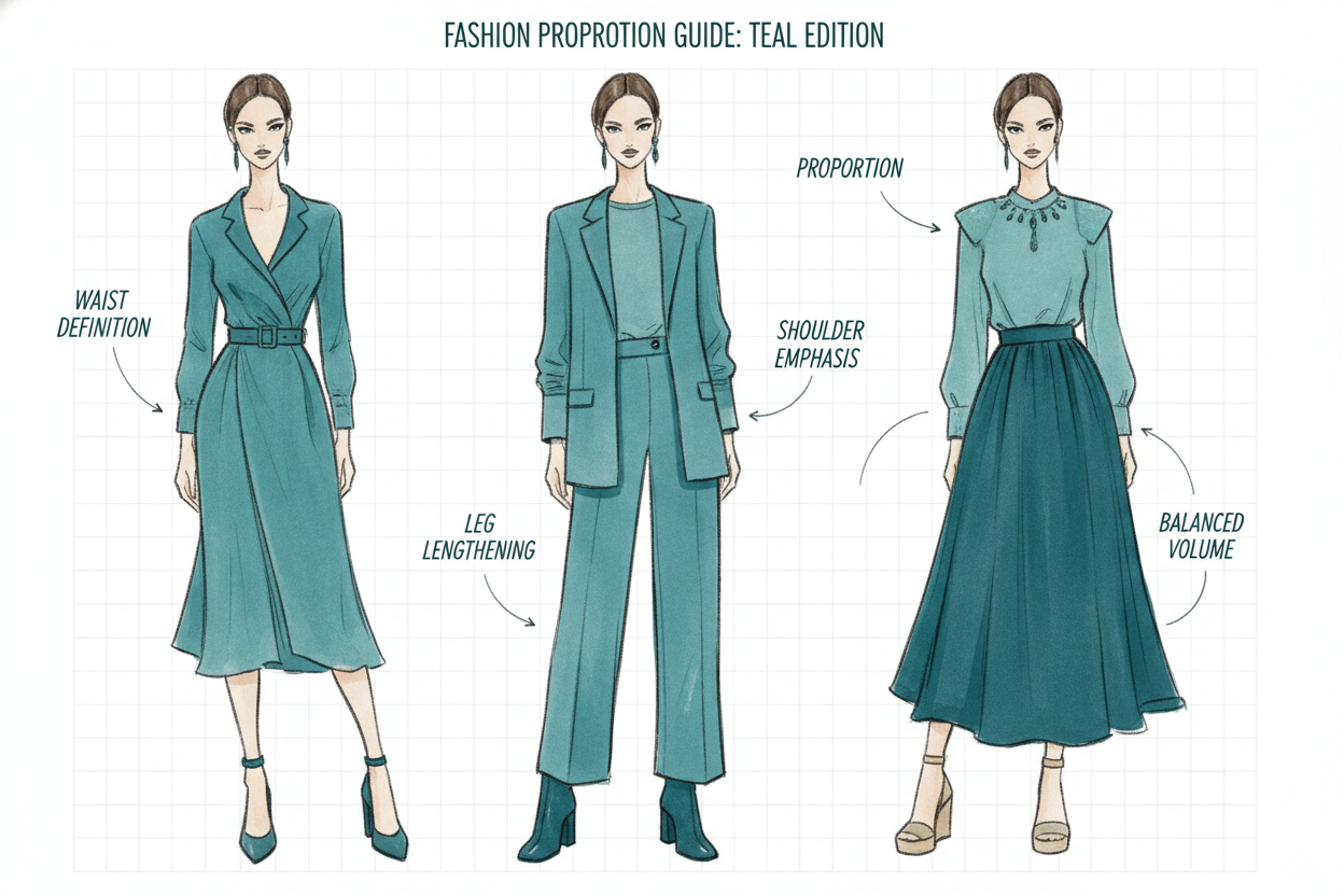 teal outfit proportion examples showing balanced styling for different body types