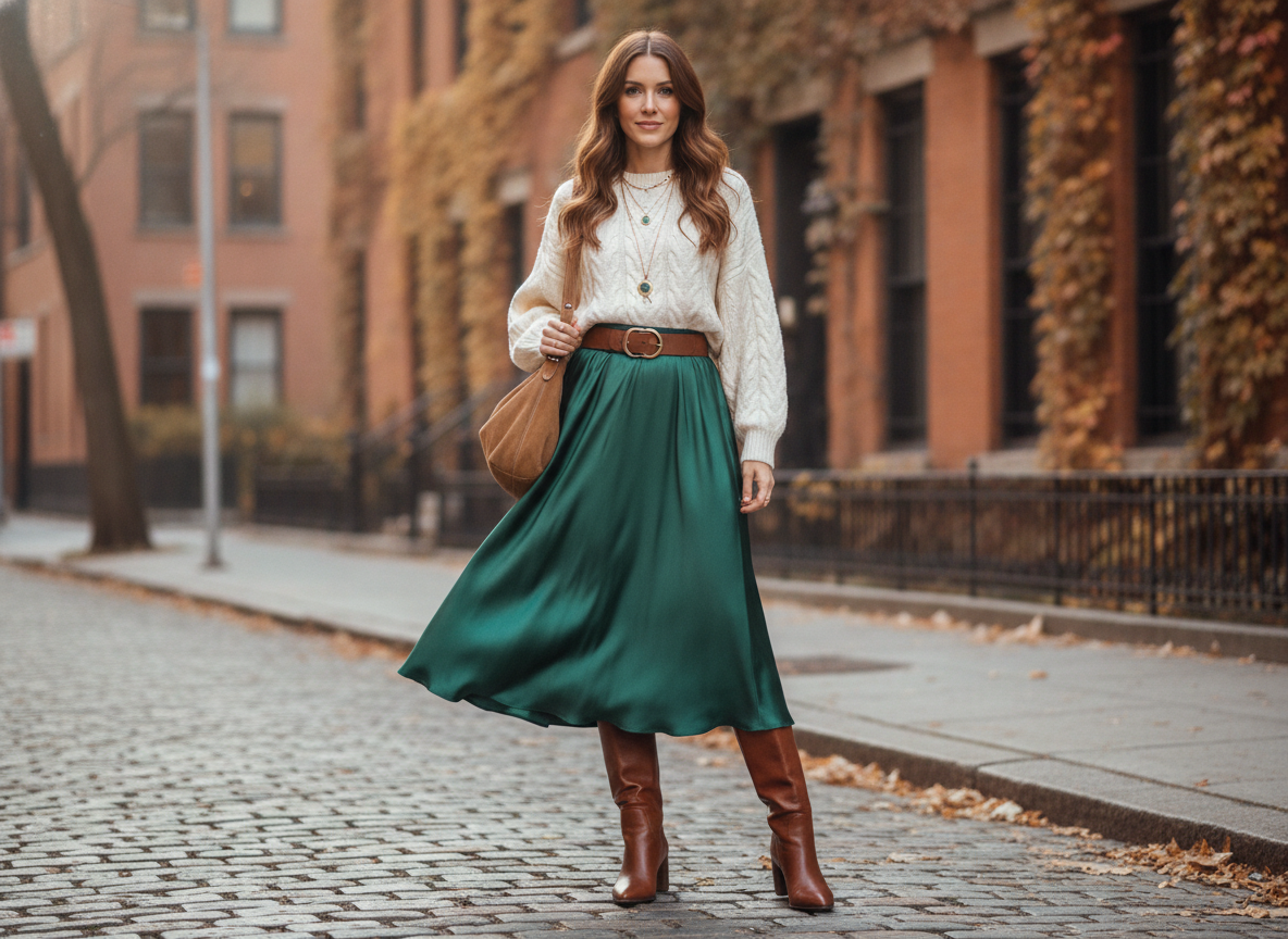 tall styling with green midi skirt and boots