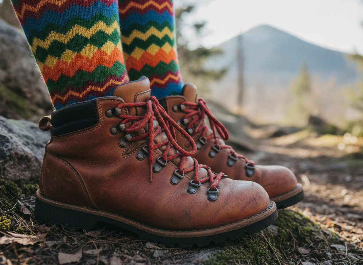 colorful hiking socks with boots outfit detail