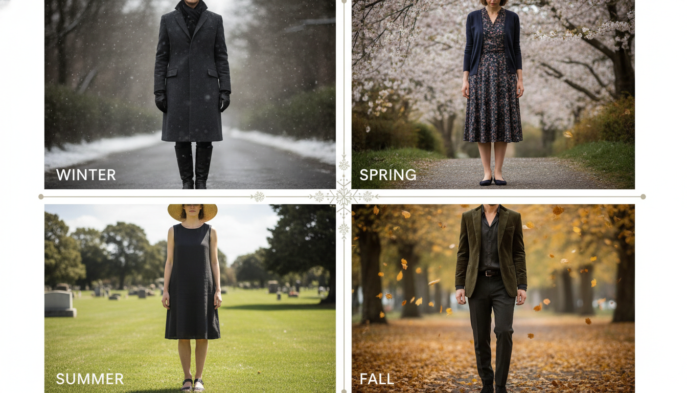Four seasons representation showing funeral outfit adaptations