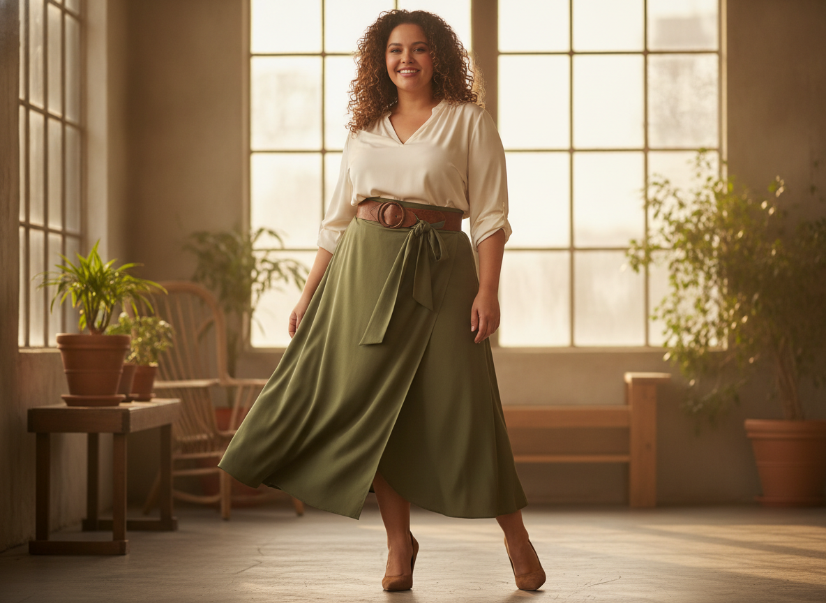 curvy styling with green wrap skirt