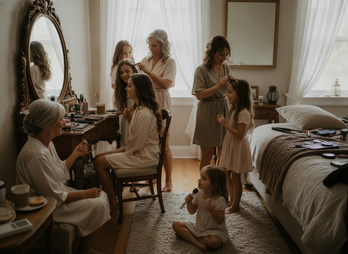 Family members styling hair for photoshoot