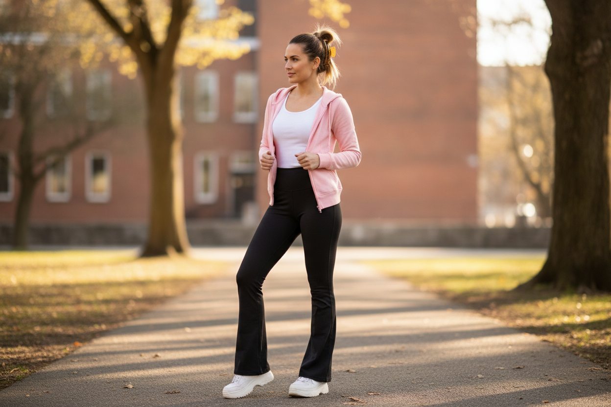 Yoga pants 90s sporty outfit with zip-up hoodie