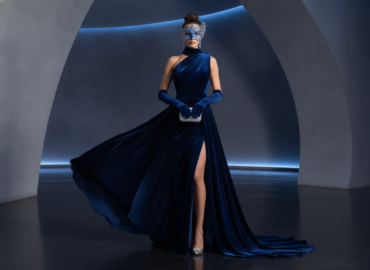 Midnight blue velvet masquerade gown with luxury details