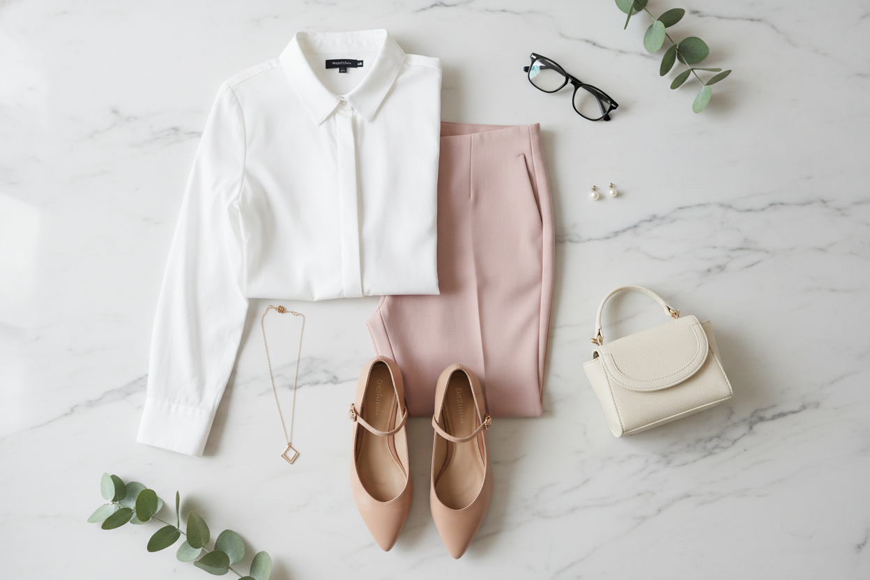 Petite-friendly outfit with ankle pants and fitted top for gender reveal party