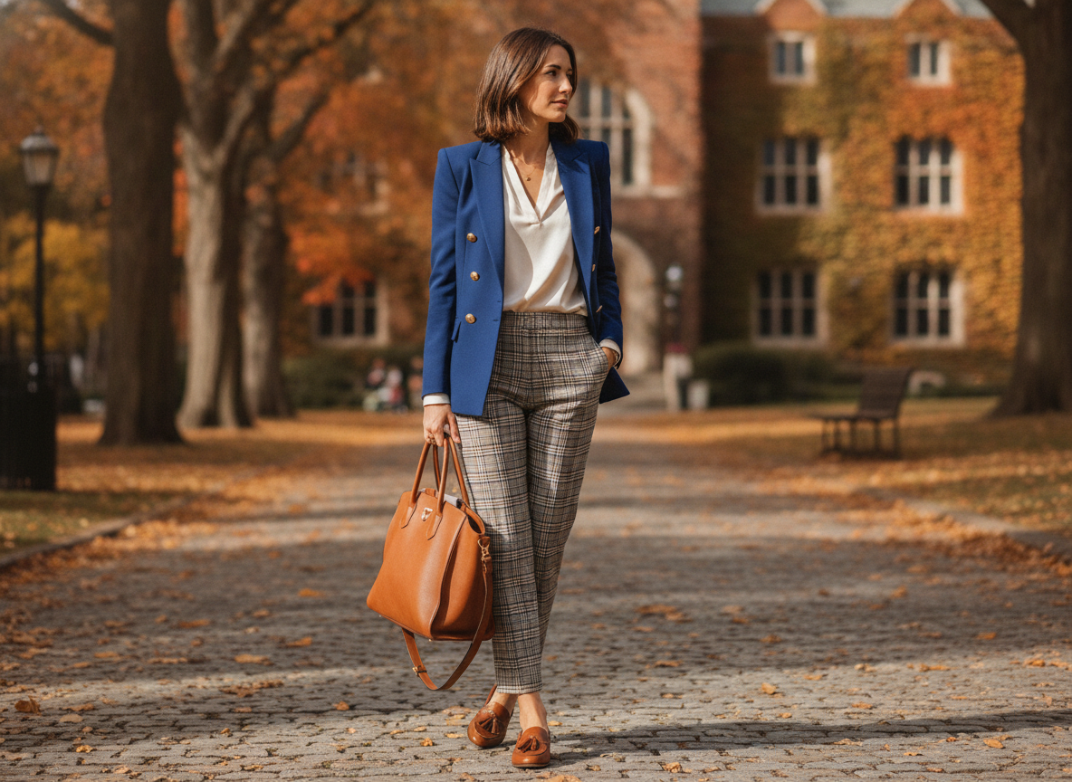royal blue blazer with fall plaid pants