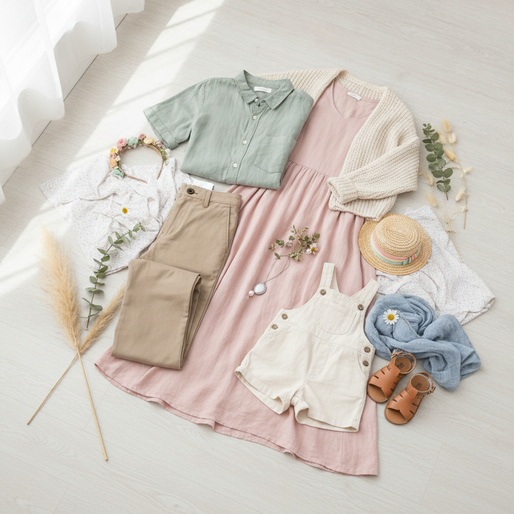 Close-up of pastel spring outfit coordination for family photos