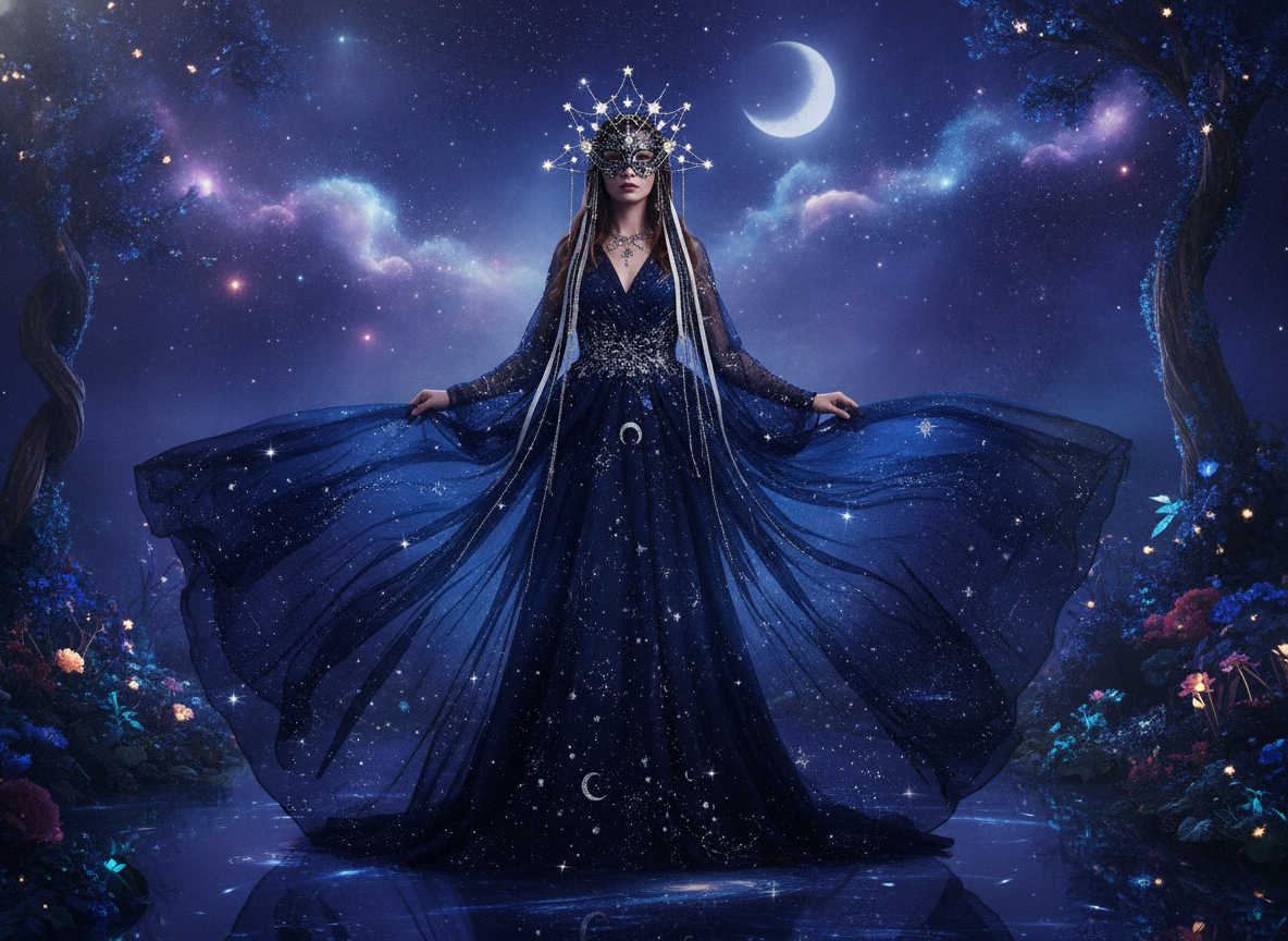 Celestial themed masquerade gown with stars and moon motifs