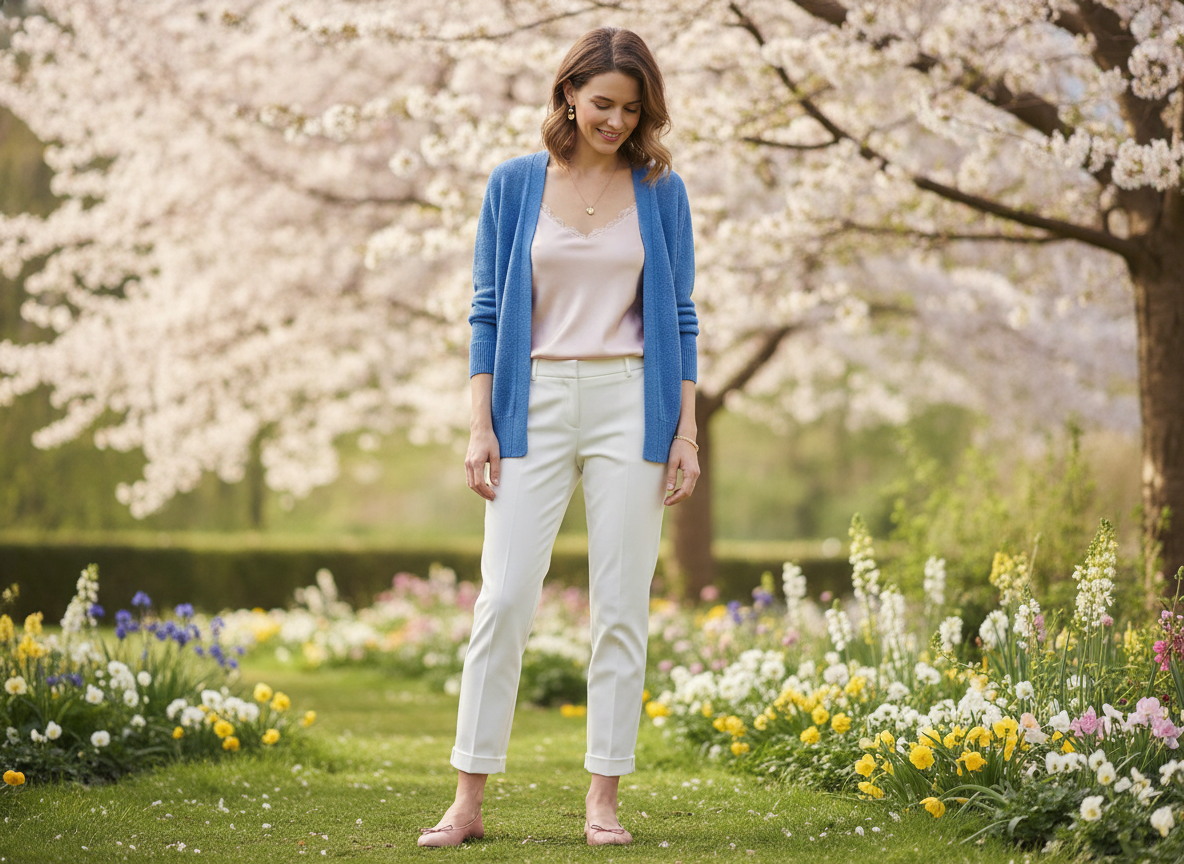 royal blue cardigan styled with pastel spring colors