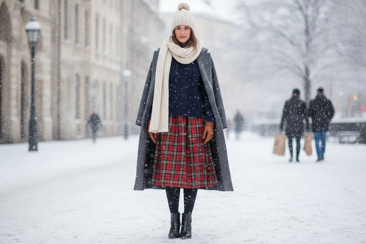 Sweater and plaid skirt with tights