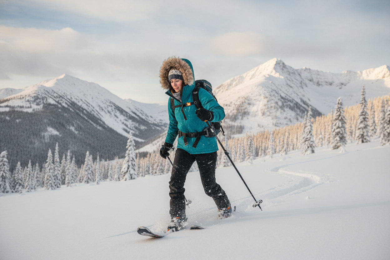 teal puffer jacket with black snow pants for winter outdoor activities