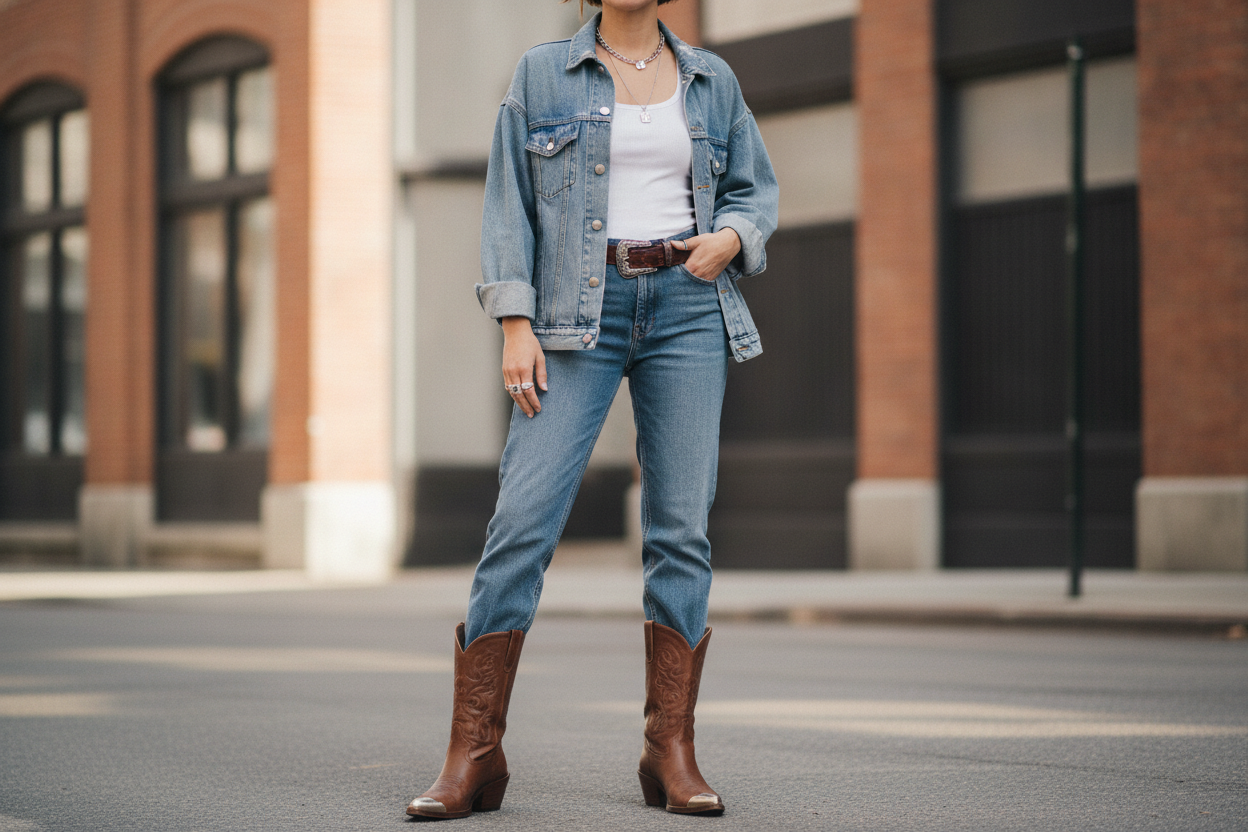 Double denim with statement belt outfit