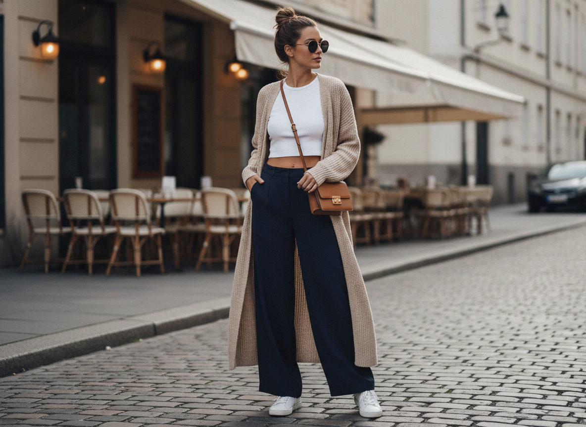 Wide leg pants with crop top and cardigan