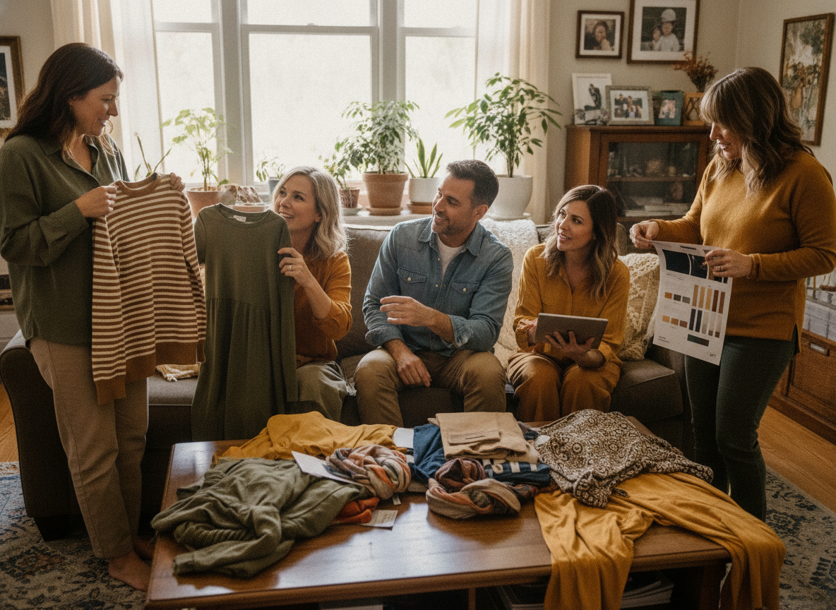 Parents coordinating outfits with adult children for family photos