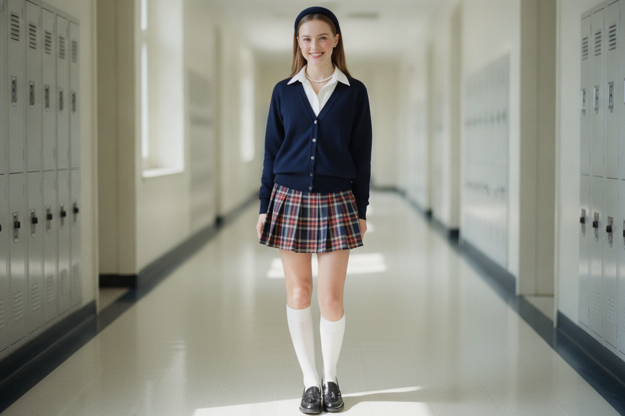 Plaid skirt preppy 90s outfit with cardigan sweater