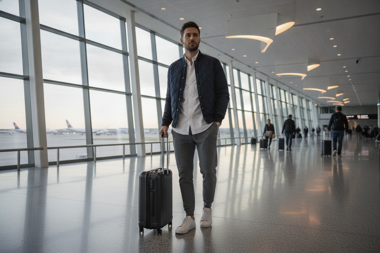 sweatpants and button-down shirt airport outfit