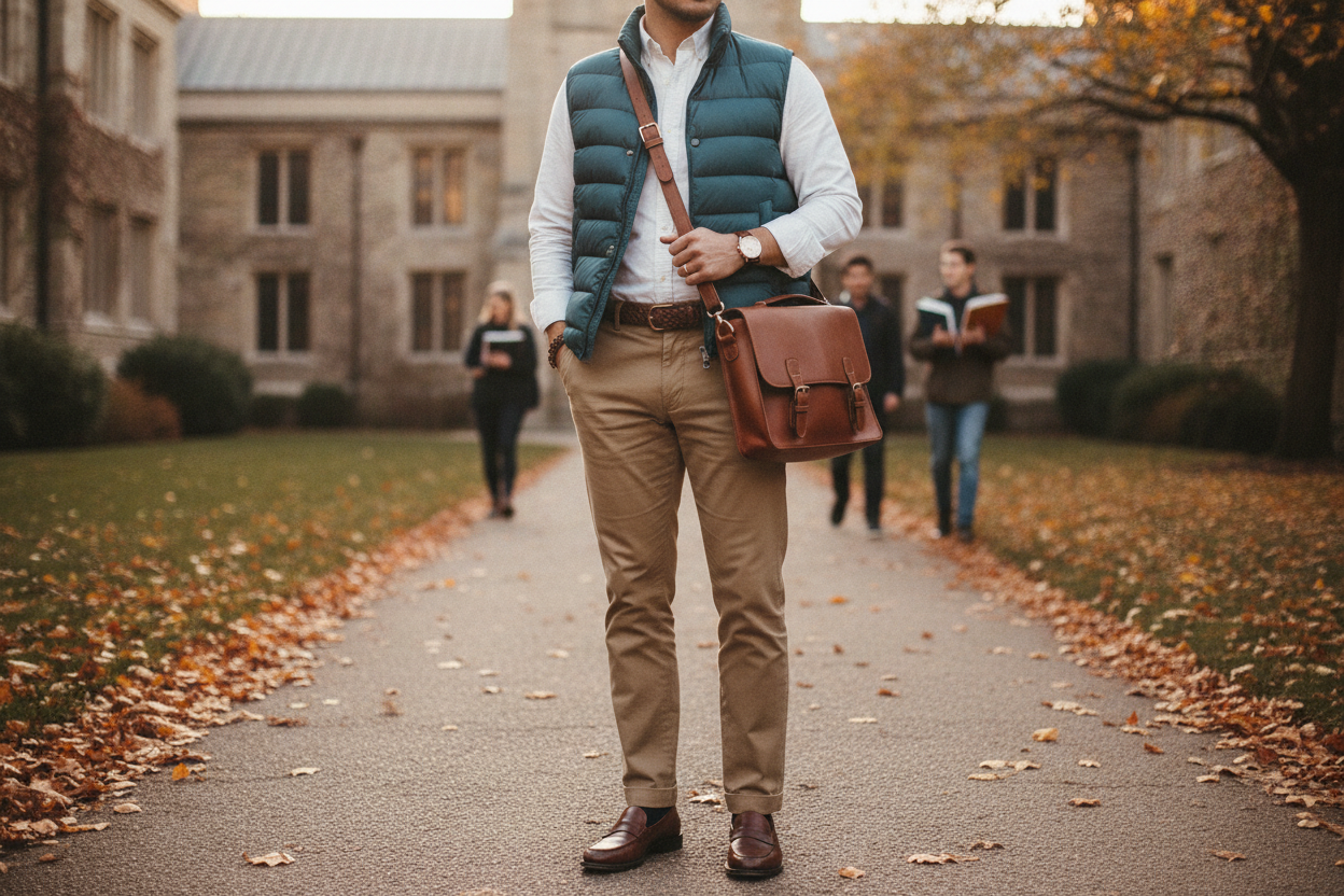 teal quilted vest layered over white button-down shirt for preppy fall look