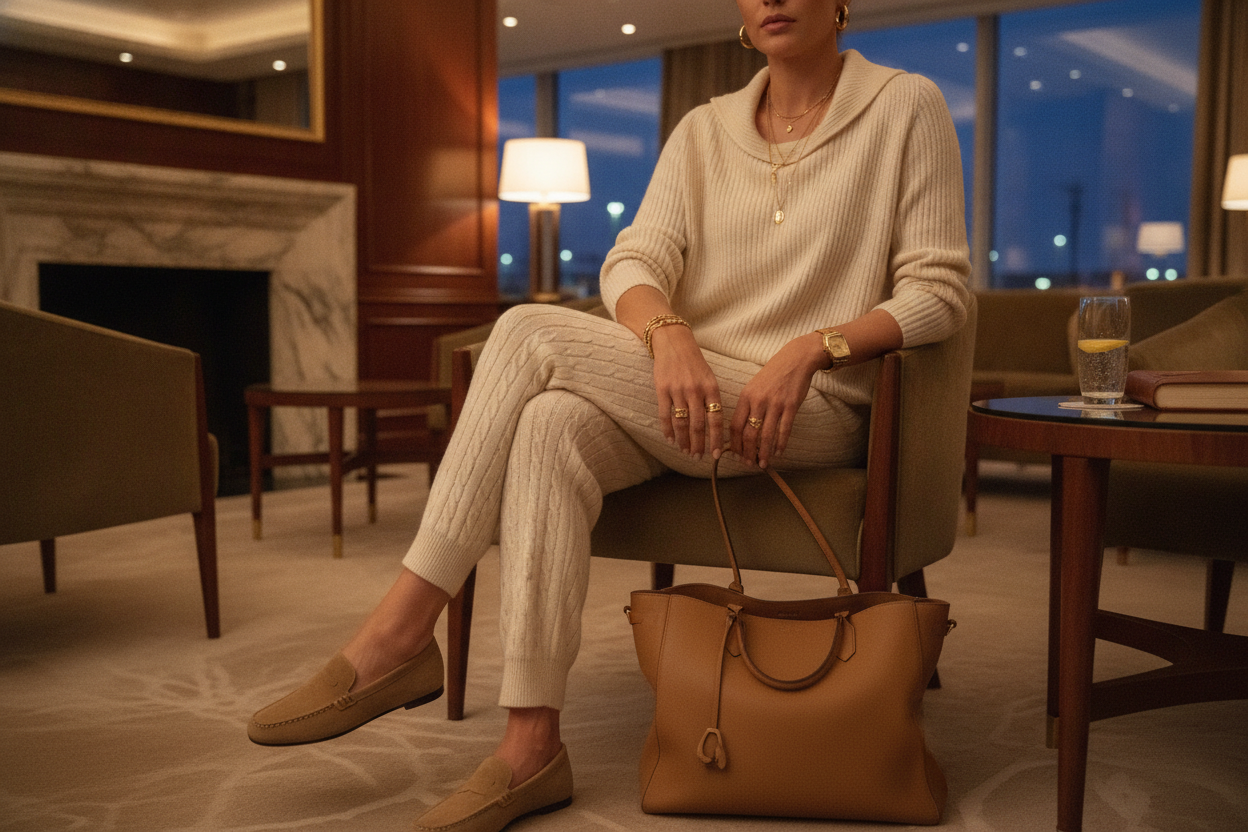 knit pants and cashmere sweater luxury travel outfit