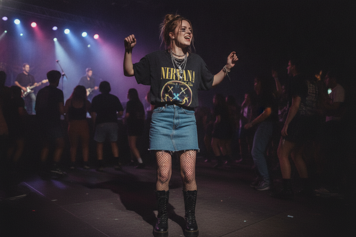 Oversized band tee 90s theme party outfit with denim skirt