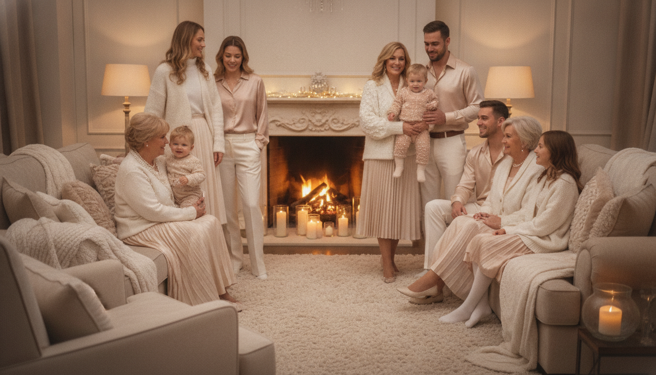 Extended family in ivory and rose gold winter outfits