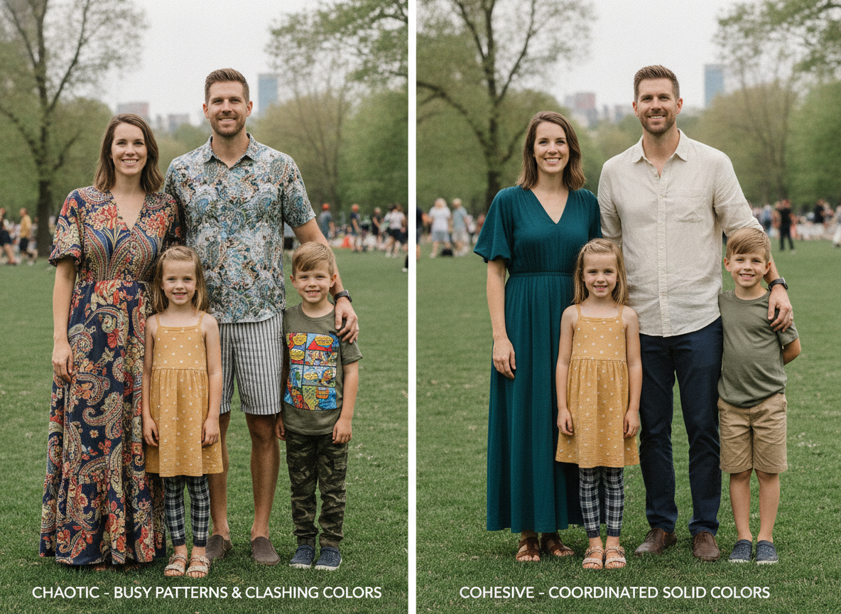 Comparison of busy patterns versus solid colors in family photos
