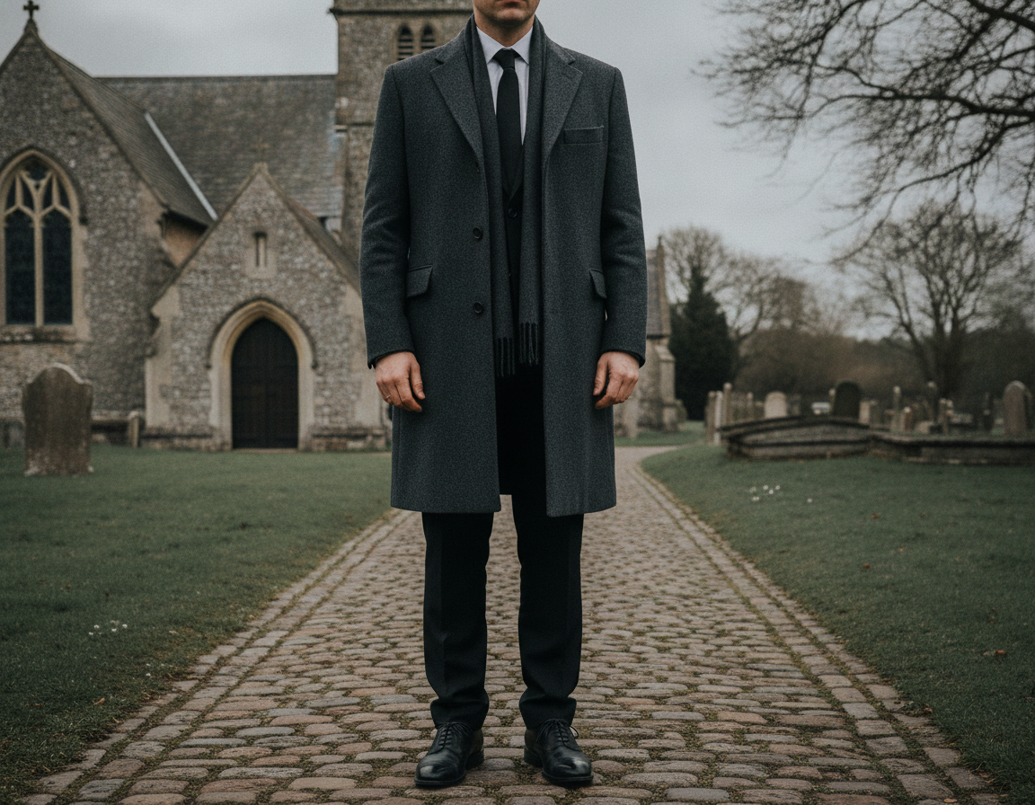 Black dress with coat showing complete funeral outfit