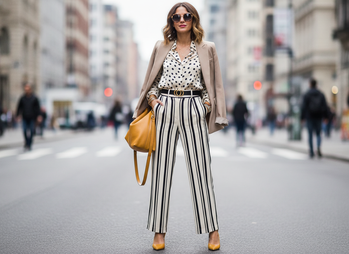 Mixed print outfit with pattern clash