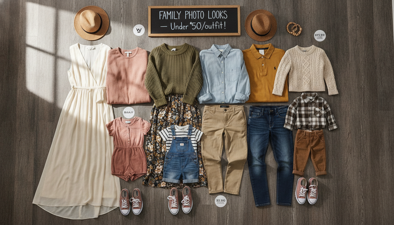 Affordable coordinated family photo outfits displayed