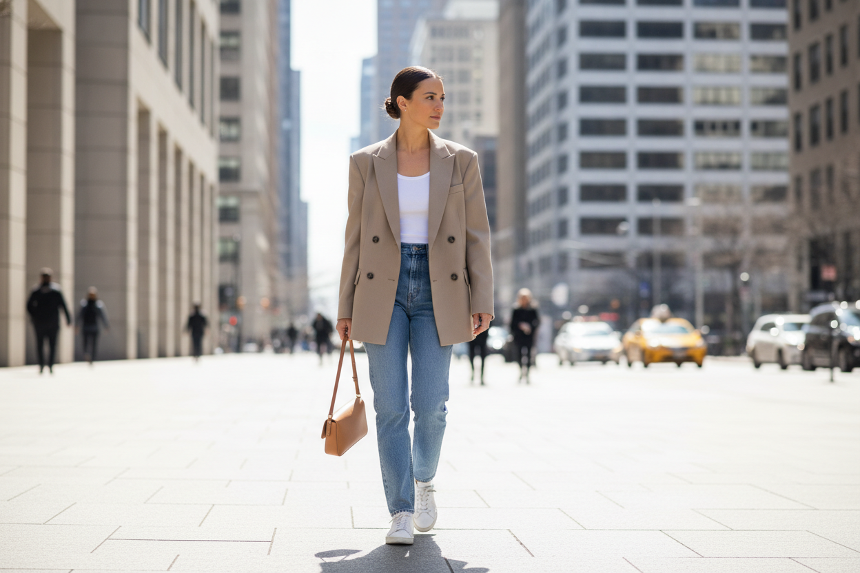 Blazer minimalist 90s outfit with straight jeans