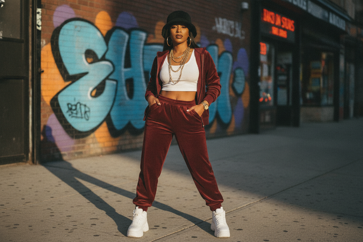 Tracksuit 90s hip-hop outfit with bucket hat