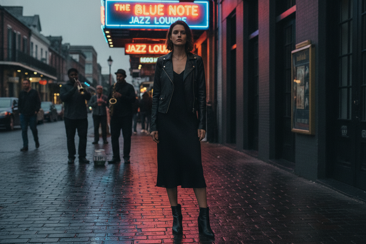 Leather jacket outfit for New Orleans music venues