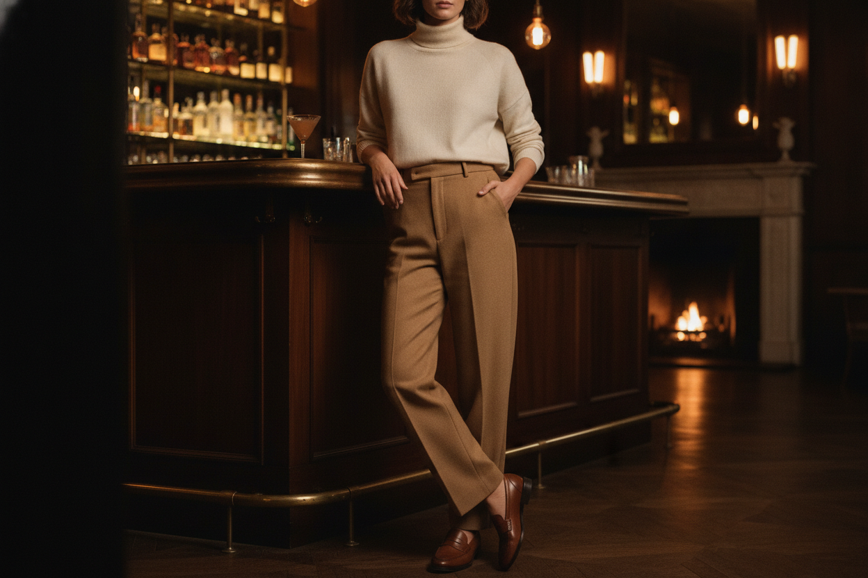 turtleneck and wide leg trousers bar outfit